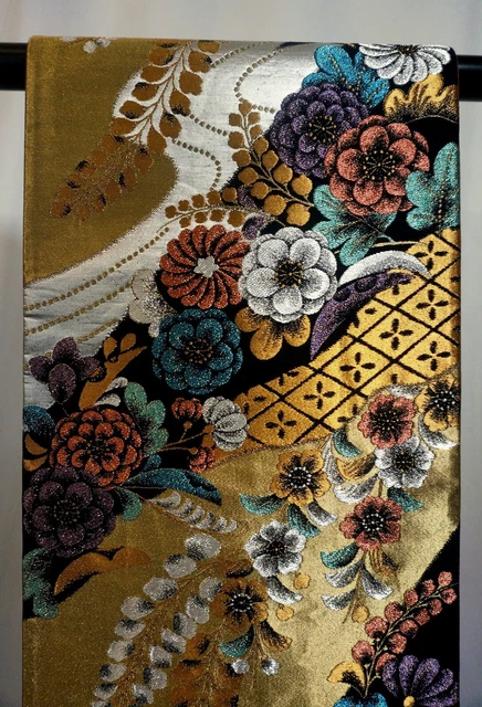 Japanese Kimono SILK Fukuro OBI, Foil,Lame,Stream,Tujiga-hana ,L14'2"..3586