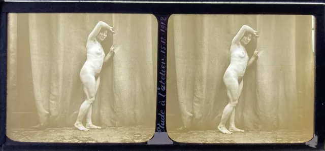 NU ARTISTIQUE FEMME NUE 1914 PARIS VUE VERRE STEREOSCOPIQUE 6x13 ATELIER CITERNE