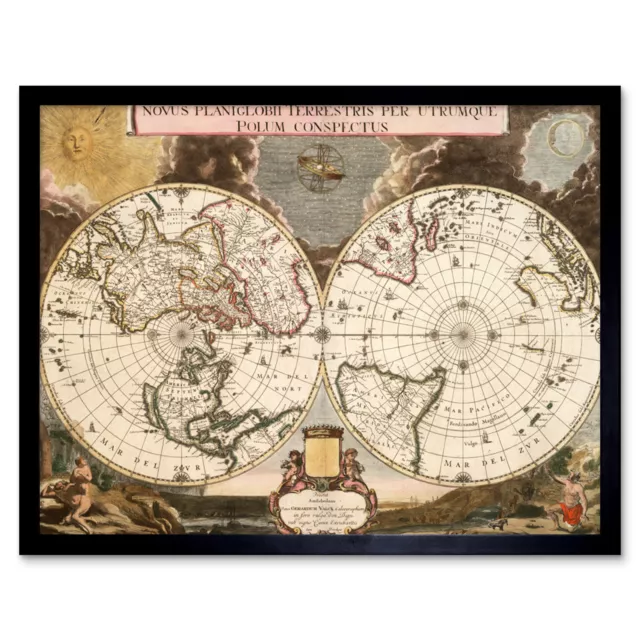 Bleau 1695 Bildkarte Welt Hemisphären gerahmt Wandkunst Poster