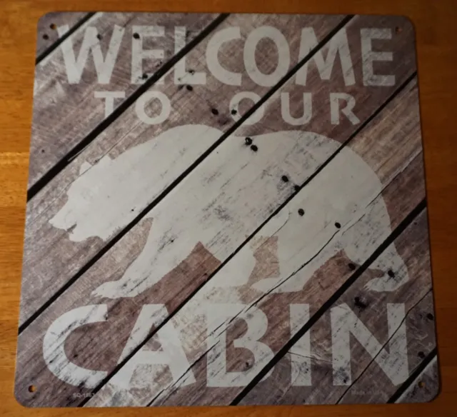 WELCOME TO OUR CABIN Wood Grain Bear Rustic Lodge Camping Home Decor Sign NEW