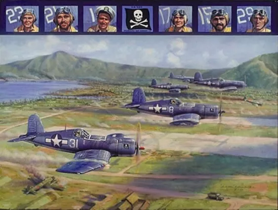 "Fighting 17" Jim Laurier 'Jolly Rogers' Corsair Art signed by 3 VF-17 Pilots