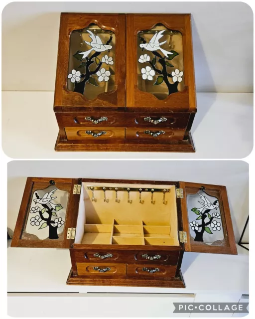 Vintage Wooden Jewllery Box/Organizer Dove Glass Book Opening Design Unique