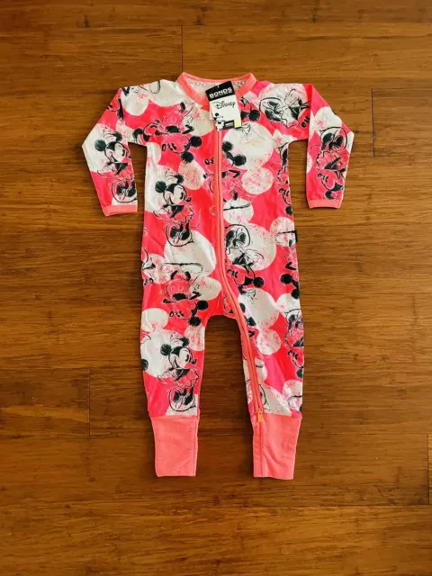 Bonds Disney Baby Girl Mickey Minnie Mouse Pink Zip Wondersuit Size 1 BNWT