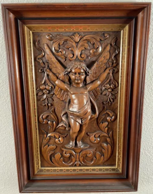 Antique Carved Oak Panel & Frame Putti Cherub Angel w/ Fruit 19th Century French