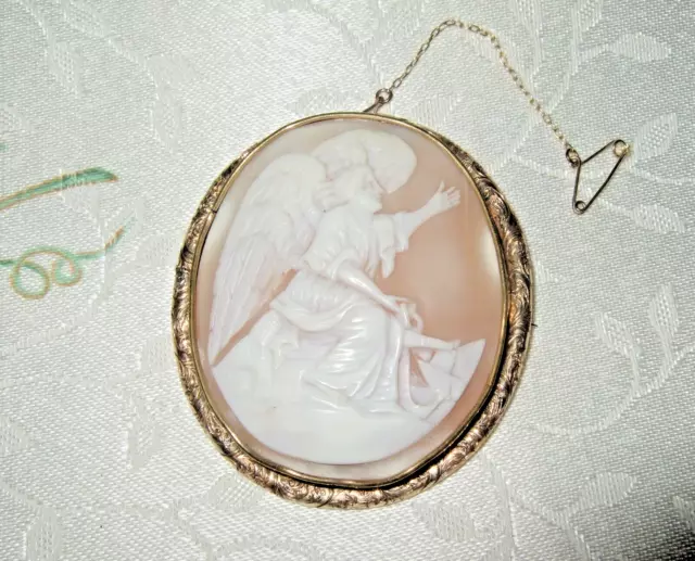 Antique Victorian Angel Of Hope Anchor Carved Shell Cameo Oval Brooch Pendant GF