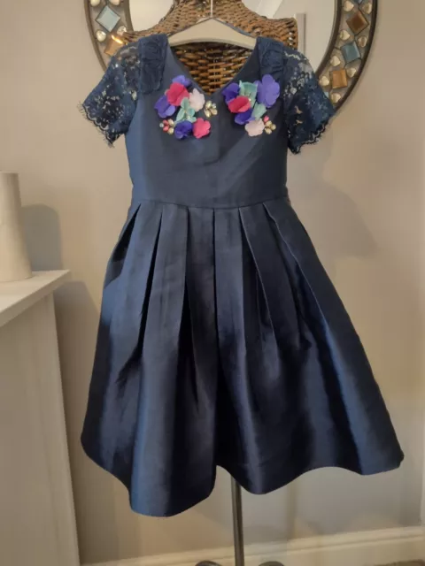 Monsoon girls navy party dress.Lace sleeve & embellished neckline size 5 years