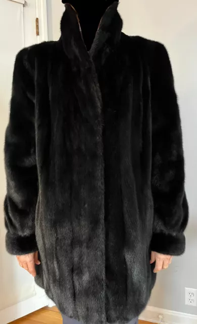 Womens Coat Jacket Real Fur Dyed Ranch Mink Black Shawl Collar Denmark Sz 16 XL