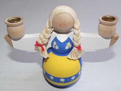 Swedish Girl Wooden Candleholder Sweden National Costume Hand Painted