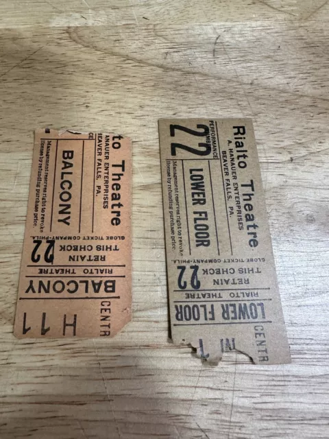 Antique Pair Of Early 1900s Rialto Theatre Ticket Stubs Beaver Falls PA