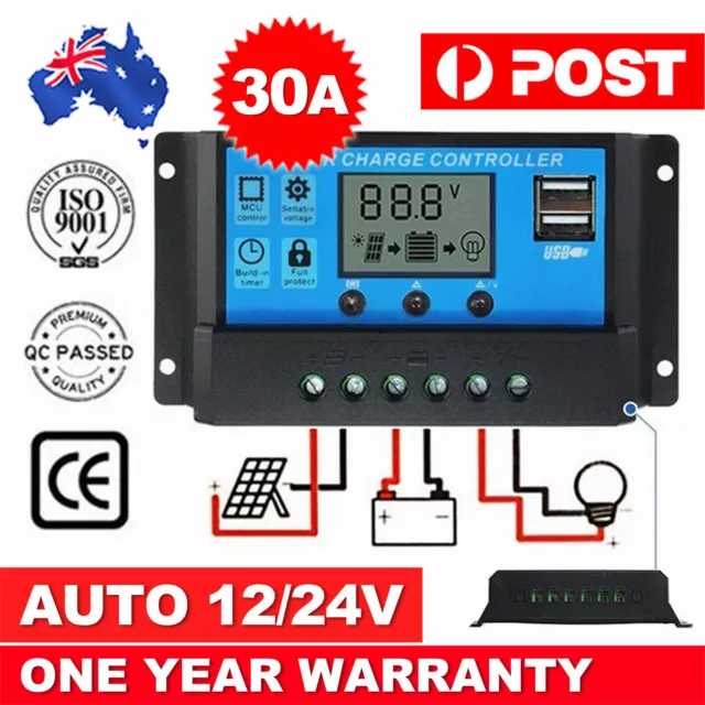 10/20/30A Amp 12V/24V Solar Panel Regulator Charge Controller Battery Dual USB