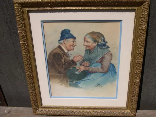 Old couple well done signed mid to late 1800`s watercolor Painting