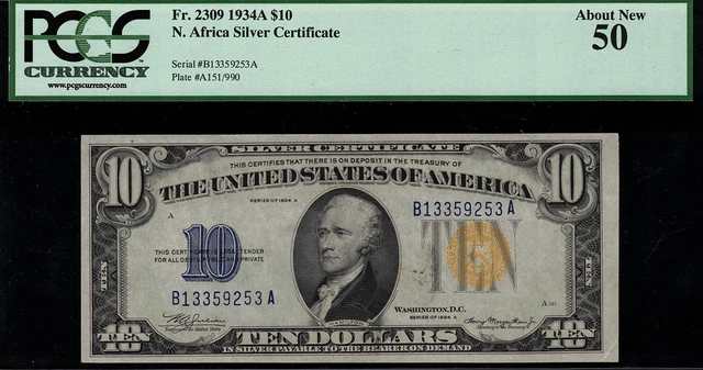 1934A $10 North Africa WWII Emergency Issue FR-2309 - Graded PCGS 50