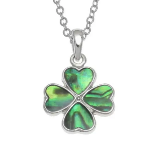 Four Leaf Clover Silver Necklace Pendant Paua Abalone Shell18" Chain - Boxed