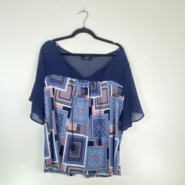 NAIF Women 2X Blouse V Neck Flare Sheer Short Sleeves Geometric Blue Peasant Top