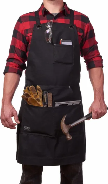 Hudson Durable Goods Waxed Canvas Apron - Black Apron - With Pockets & Crossback