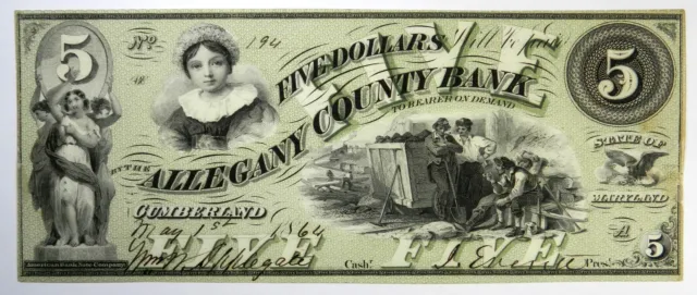 1864 $5 Allegany County Bank Cumberland Maryland Obsolete ~ Choice Unc! Sn#194