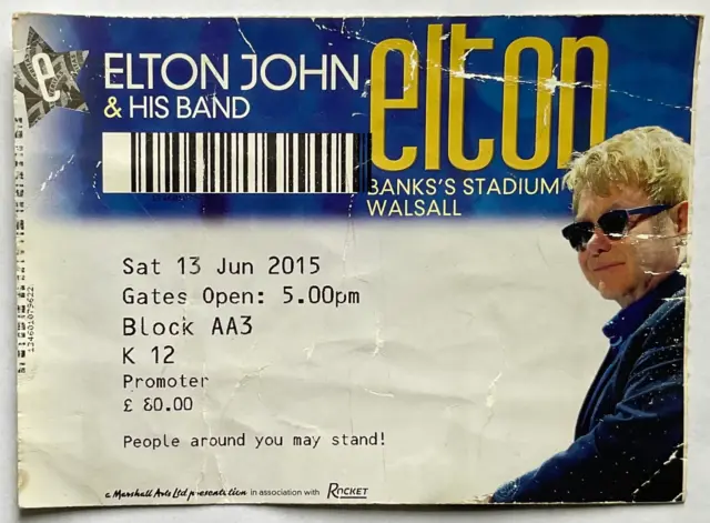 Biglietto concerto originale Elton John usato Banks Stadium Walsall 13 giugno 2015