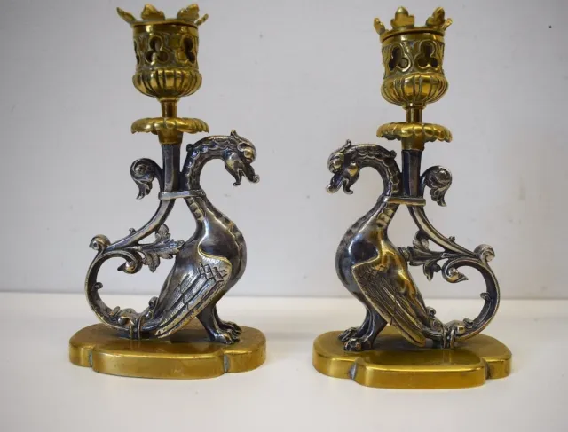 Pair Of Antique Gilt Bronze Winged Dragon Patinated Candlesticks Late 19th Cent