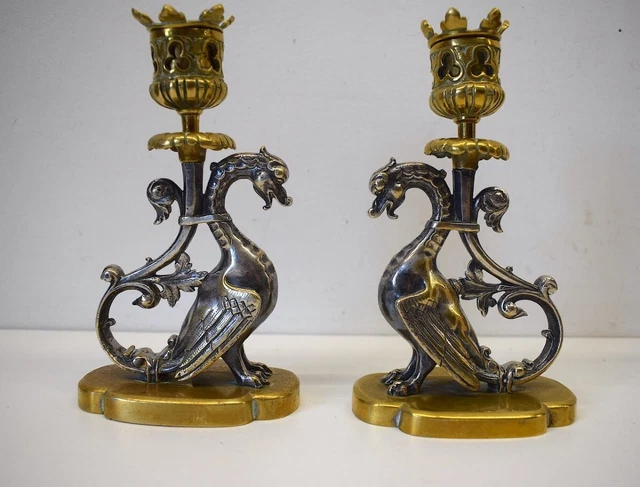 Pair Of Antique Gilt Bronze Winged Dragon Patinated Candlesticks Late 19th Cent Pair Of Antique Gilt Bronze Winged Dragon Patinated Candlesticks Late 19th Cent