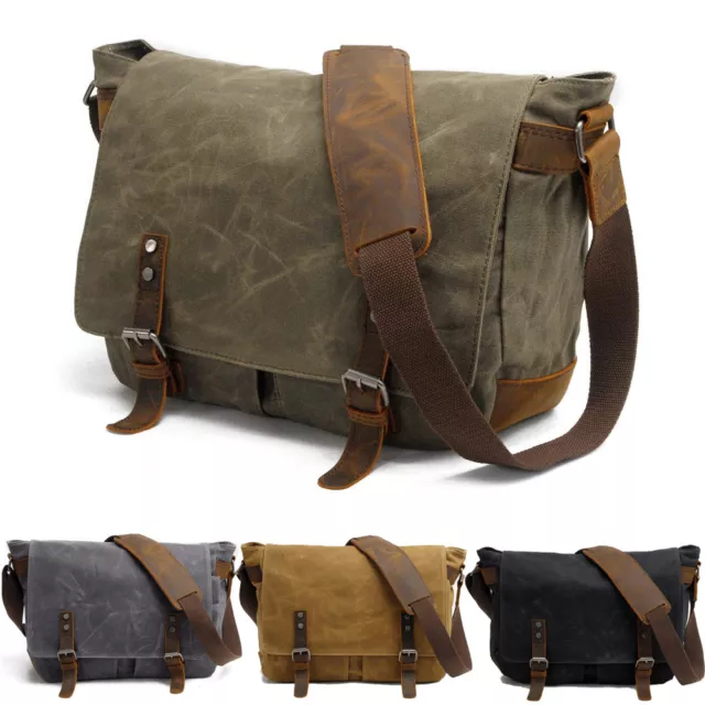 Mens Military Canvas Leather Messenger Vintage Retro Briefcase Shoulder Bag