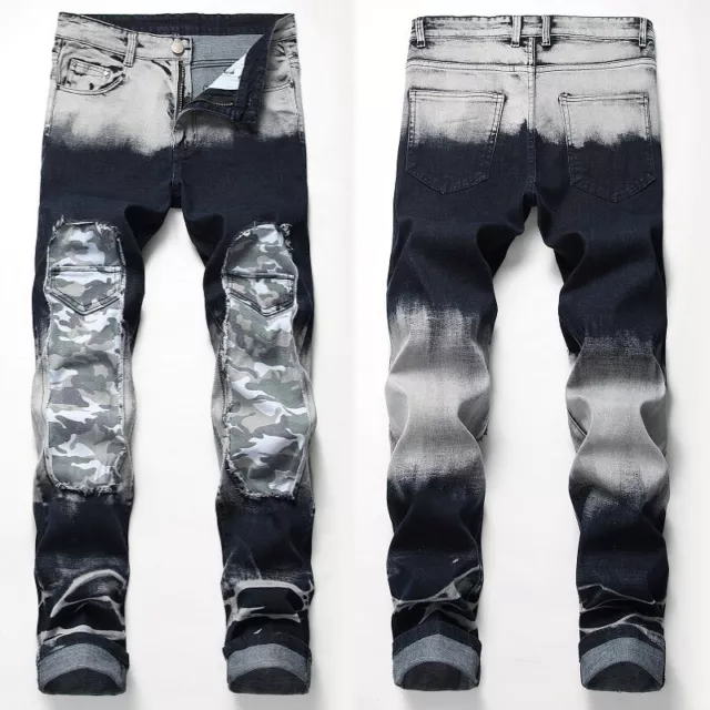 Hommes Camouflage Joint Jeans Skinny Pantalon Stretch Déchiré Rétro Moto Motard