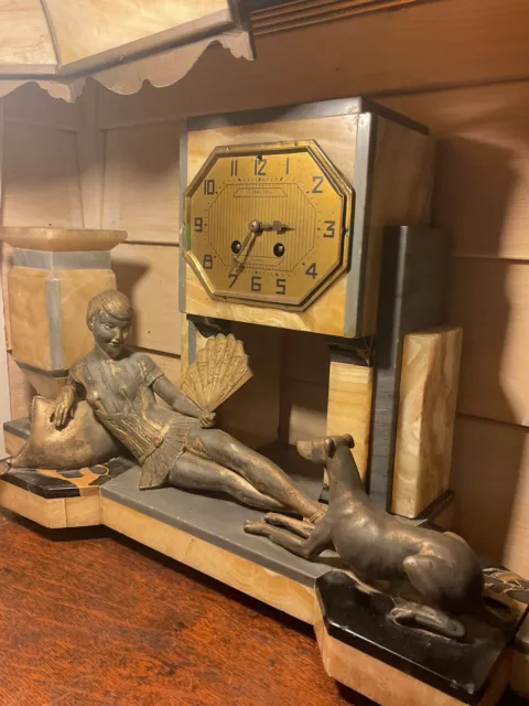 FABULOUS French Art Deco Woman Fan Marble Mantle Clock Set With Garnitures