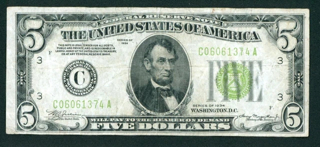 $5 1934 LGS LIME ((LIGHT GREEN SEAL)) Federal Reserve Note DAILY CURRENCY 2