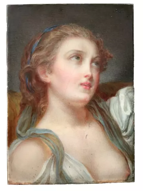 19th Century After GREUZE Portrait Lady Bare Chest Oil Porcelain Enamel Plate