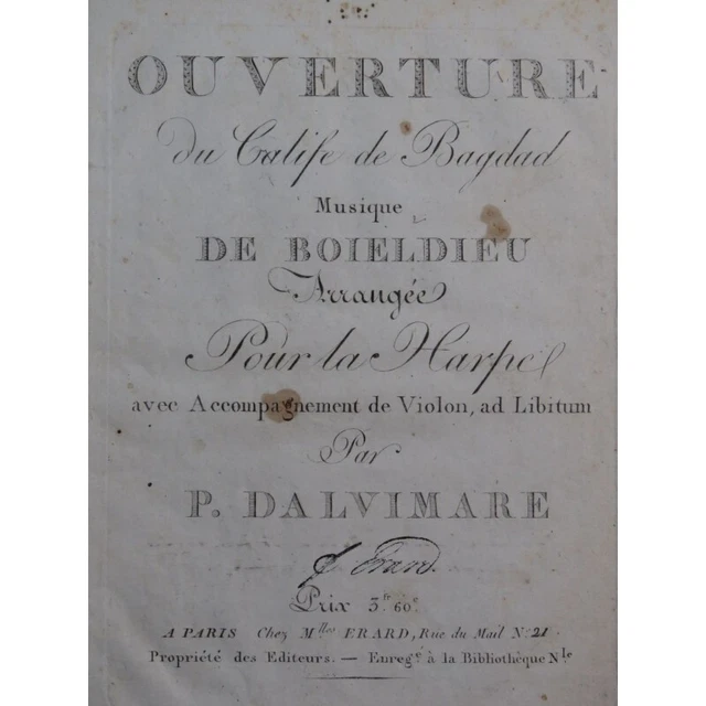 BOIELDIEU Adrien Le Calife de Bagdad Ouverture Harpe Violon ca1800