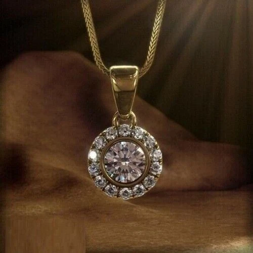 1Ct Round Cut Real Moissanite Pendant 14K Yellow Gold Plated Silver 18"Chain
