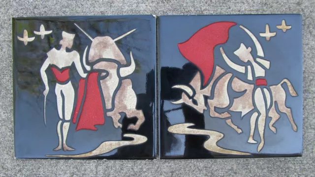 Lot of 2 Bull Fight Matador Pilkington 6" Tiles Mid Century Modern Spain England