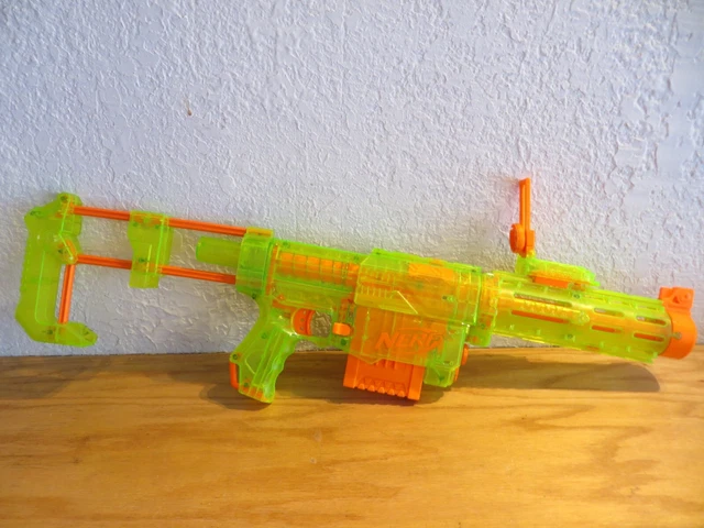 NERF Recon CS-6 Sonic Green w/Shoulder Stock Barrel Extension Scope & Clip