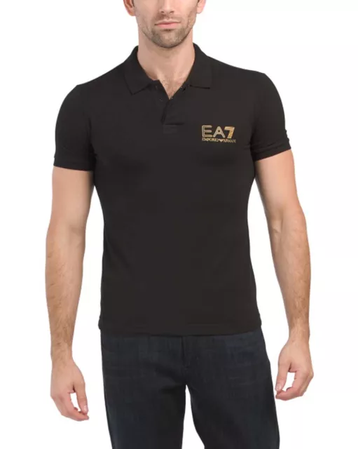 NWT Emporio Armani EA7 Men Polo Collared Shirt Black Logo Short Sleeve
