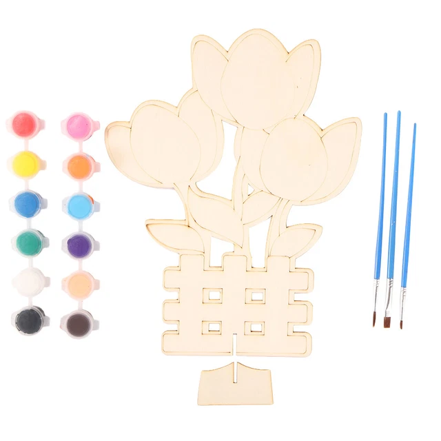 Paint By Numbers Kit Wooden Flower DIY Hand Painted Colouring Picture (A)