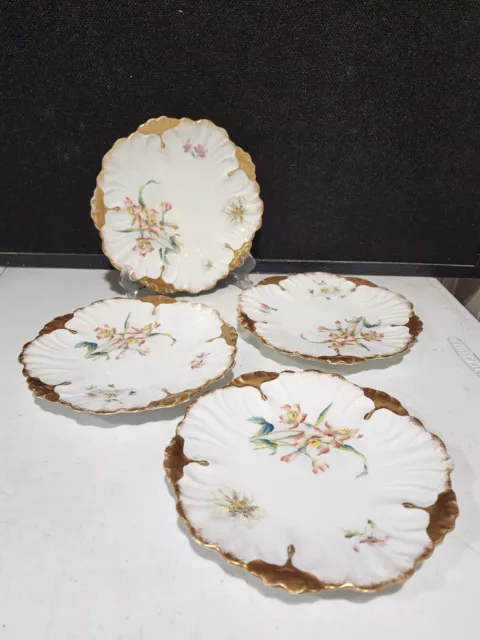 SET OF 4- Antique Limoges France Hand Painted Pink Flowers Gold Cabinet Plates