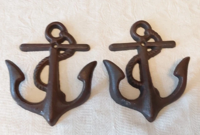 2 Cast Iron Boat Anchor Wall Hook Mounted Hanger Nautical Metal Beach Towel Bath