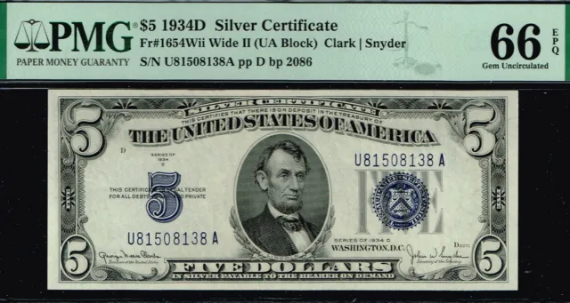 $5 1934D Silver Certificate.  WIDE II VARIETY.  PMG 66 EPQ. Tough Note.