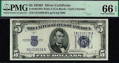 WIDE II VARIETY. $5 1934D Silver Certificate. PMG 66 EPQ. Tough Note.
