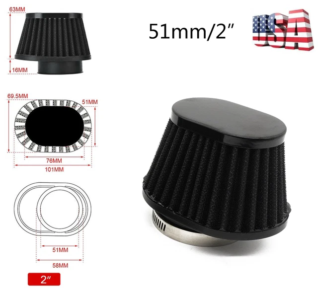 (Usa)1x Motorcycle Cold Air Intake High Flow Cone Filter Black Universal 51mm/2”