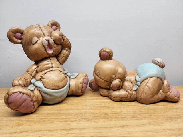 Vintage Set 1987 Yawning and Sleeping Baby Bear Toddlers Artist Cele Handpainted