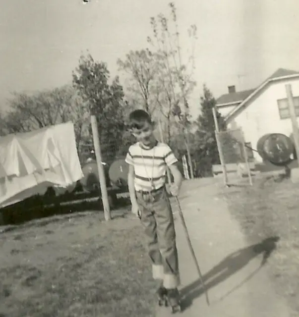 Real Photo Roller Skates Striped Shirt Jeans 3.5x5 Sheets Snapshot 1950s VTG