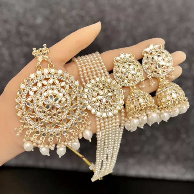 Indian,Pakistani Light Gold Plated Mirror Tikka Earrings Choker Jewellers Set