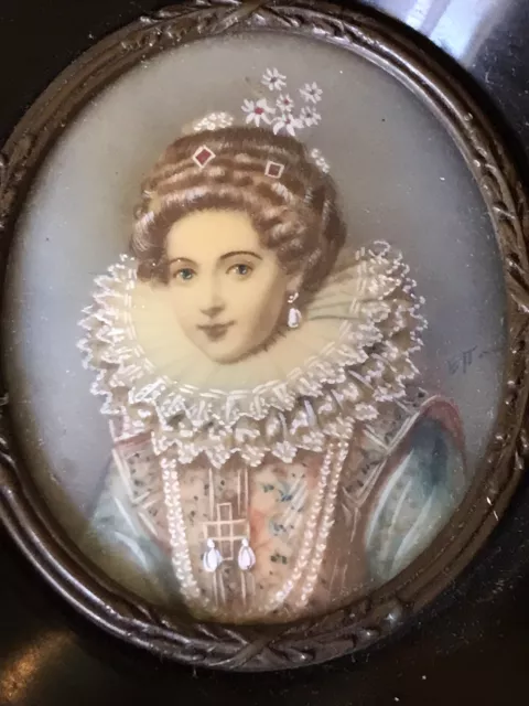 Antique Hand Painted Miniature  Continental Victorian portrait painting Lady