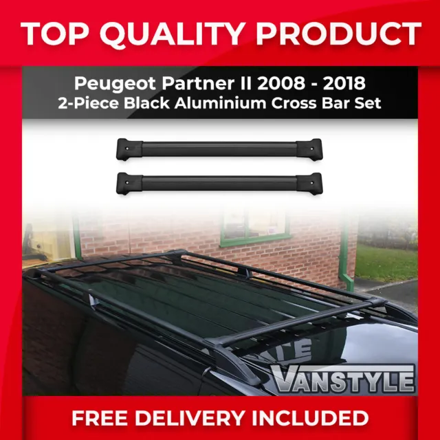 Fits Peugeot Partner Ii 08-18 Matte Black Aluminium 2Pcs Roof Cross Bars Set
