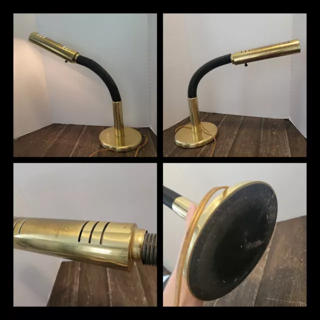 Vtg Mid Century Modern Gooseneck Desk Lamp Brass Tone Shade Banker