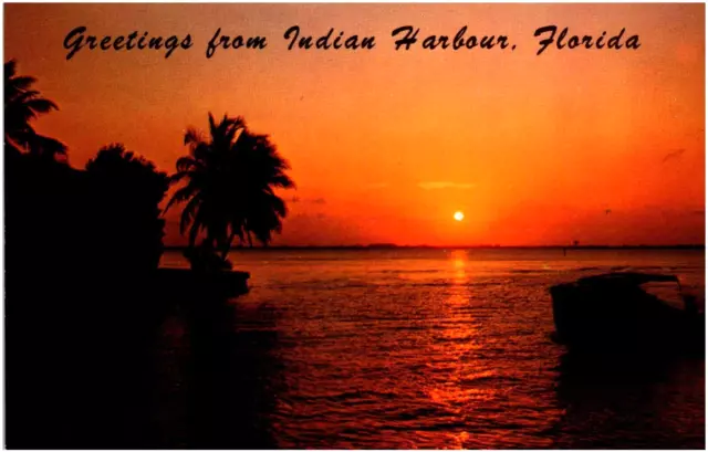 Greetings from Indian Harbour Florida Beautiful Sunset FL 1960s Chrome Postcard