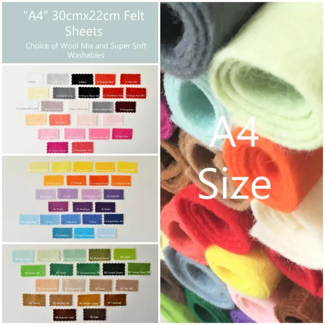 Wool Mix and Like Soft Feel Washable Felt | 70+ Colours | 30cmx22cm "A4" Size