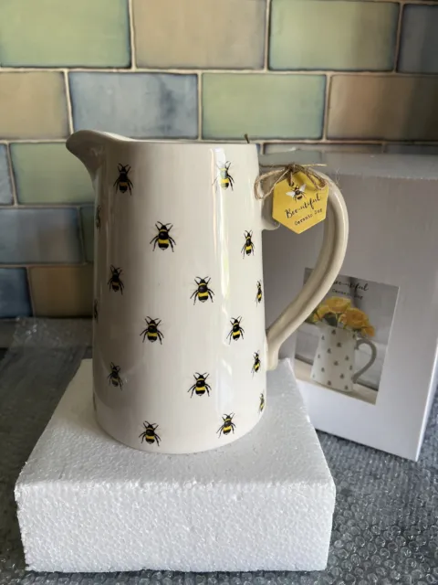Pretty All Over Bee Print White Ceramic Flower Milk Jug Pitcher Vase