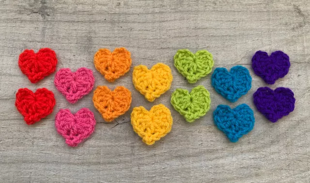 14 Handmade Crochet Rainbow Hearts Applique,Embellishment,Motif,Sewing,Scrapbook