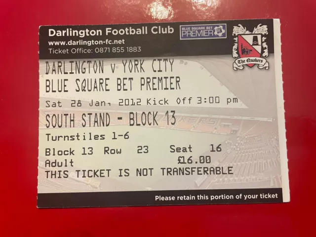 Darlington v York City Ticket. Blue Square Premier 2012